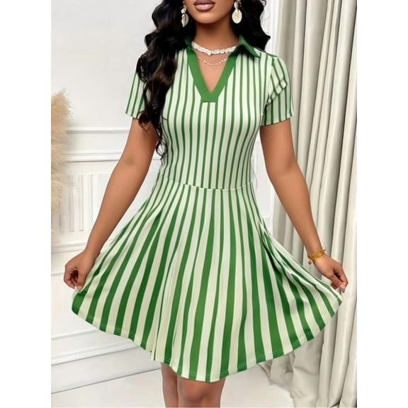 ZOELNIC Women's Summer Polo Dress Striped V-Neck Mini Dress, Casual Short Sleeve T-Shirt Dress, Flowy A-Line Swing Dress for Casual Wear, S