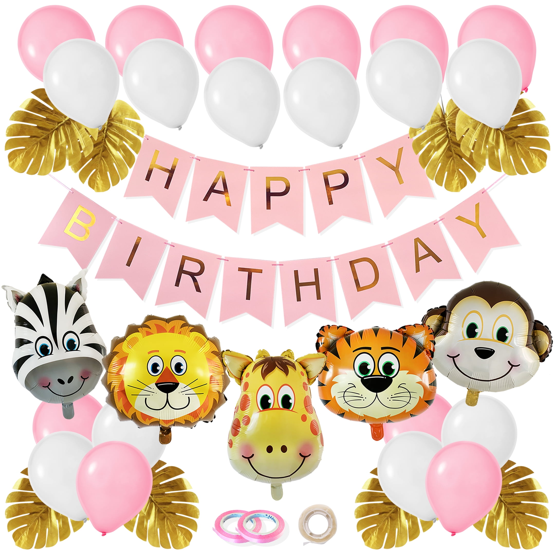 Pamsa Safari Birthday Decorations, Jungle Theme Party Supplies, Birthday  Decorations for Girls, Two Wild Birthday Decorations Girl, Animal Balloons,  Gold Leaves, Pink 