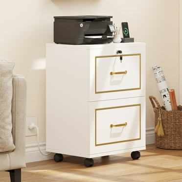 Uforic 2 Drawers File Cabinet with Charging Station, Rolling Filing Cabinet with Lock, Printer Stand Fit A4, Letter Size for Home Office, White