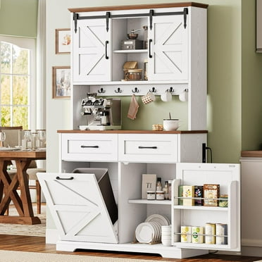 72" Kitchen Pantry Storage Cabinet, Farmhouse Kitchen Hutch with Microwave Stand & Charging Station, Freestanding Tilt Out Trash Can Cabinet for Dining Room, White