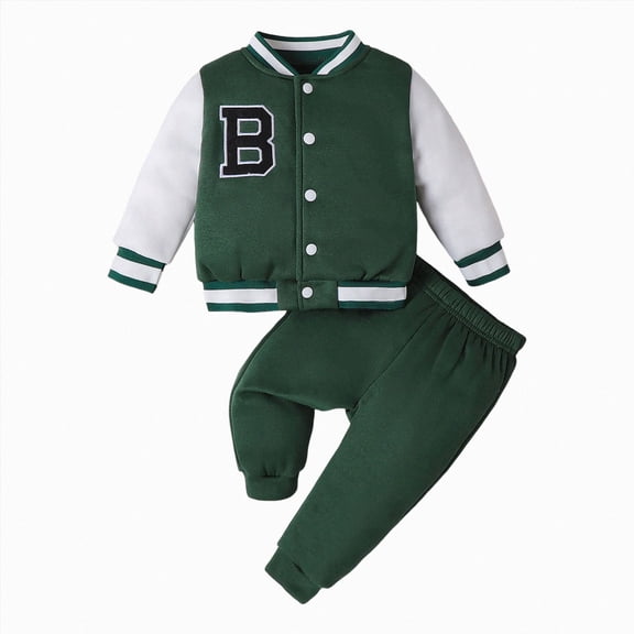 felwors Baby Boy Clothes Infant Fall Winter Outfits Toddler Boy Varsity BaseBall Jacket Button Down Pants Set (Green,9-12 Months)