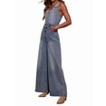thumbnail image 3 of Women'S Denim Overalls Jumpsuits Sleeveless Button Down V Neck Wide Leg Jeans Long Pants Rompers Light Blue L, 3 of 8