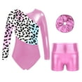 thumbnail image 6 of Lejafay Kids Girls Long Sleeve Gymnastics Leotards Set Shiny Metallic Leotards with Shorts Headband Pink 10, 6 of 9