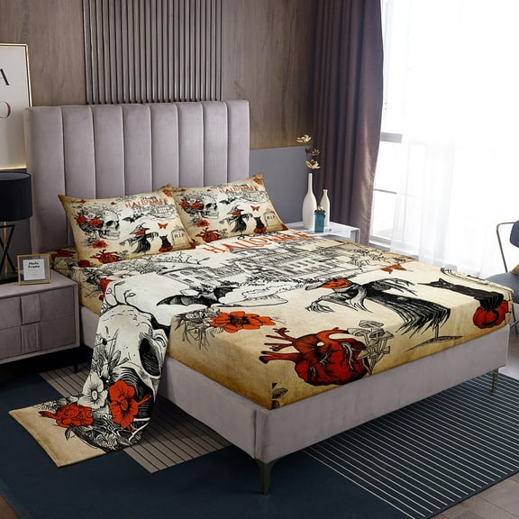 Halloween Sheets Skeleton Skulls Black Cat Decor Bed Sheets Set Halloween Castle Pumpkin Scarecrow Sheet Set Flowers Butterfly Bat Gothic Decor Bedding Set With 2 Pillowcases, Queen