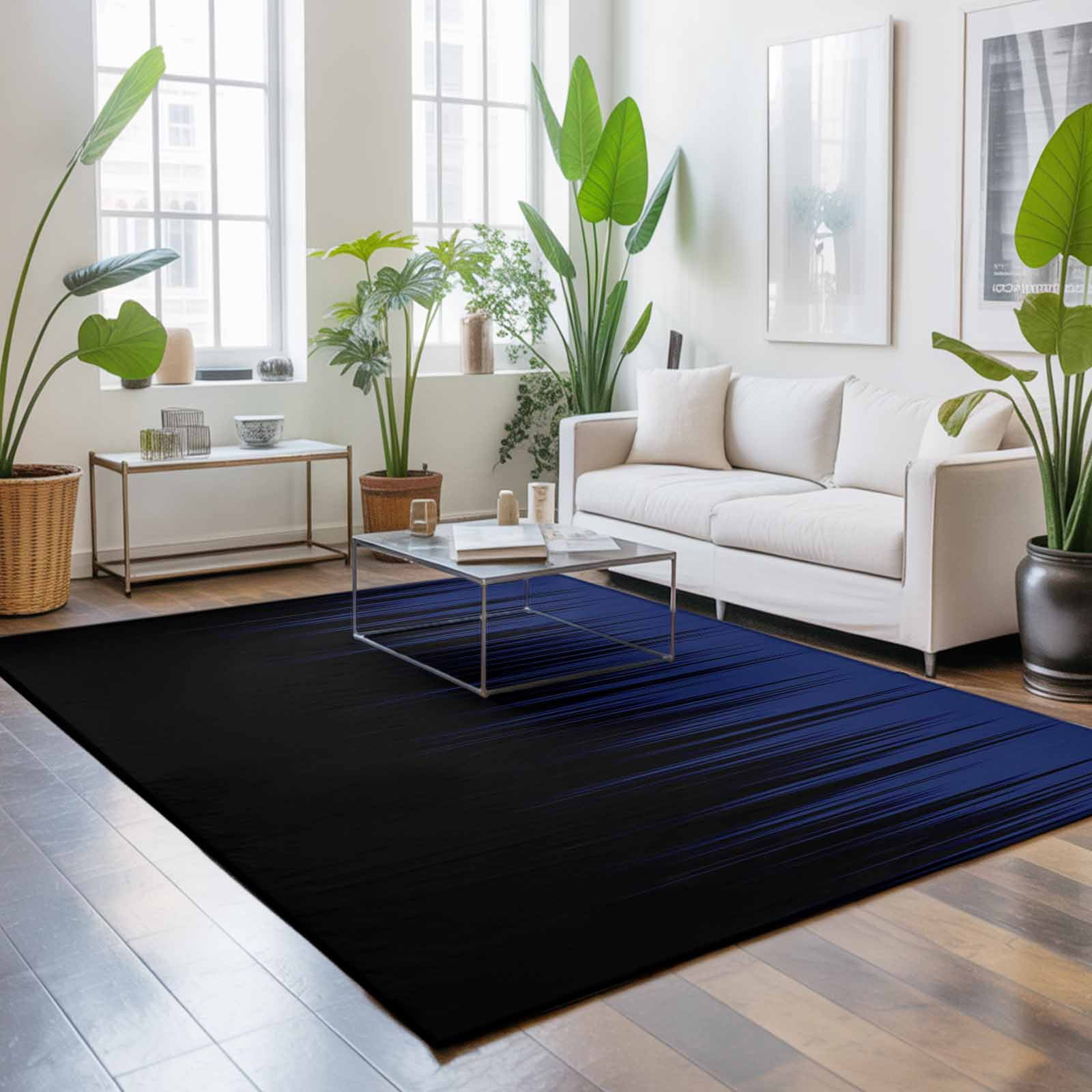 Large Area Rugs 8'x10', Navy Blue Black Ombre Carpet Runner Indoor Outdoor Rugs Home Decor Aesthetic, Modern Abstract Striped Gradient Non Slip Mats Washable Accent Rug for Living Room Bedroom