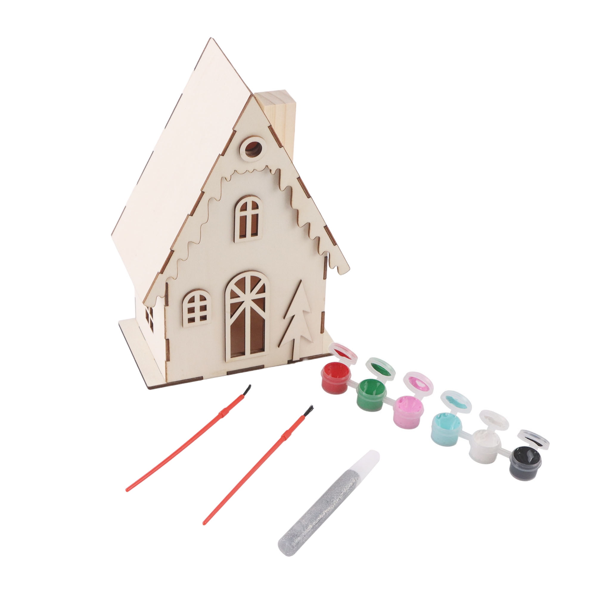 LED Light Up House and Paint Kit, 6.4 x 10 x 3.7 Inch, Wooden Decoration, Unisex,Christmas