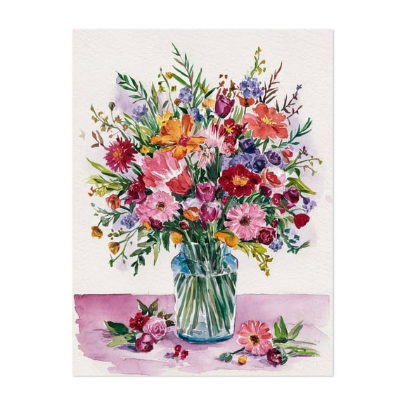 Vibrant Wildflower Bouquet in a Glass Vase - Painting Watercolor Floral Flowers Botanical Illustration Garden Nature Unframed Wall Art Print 5 x 7 inches