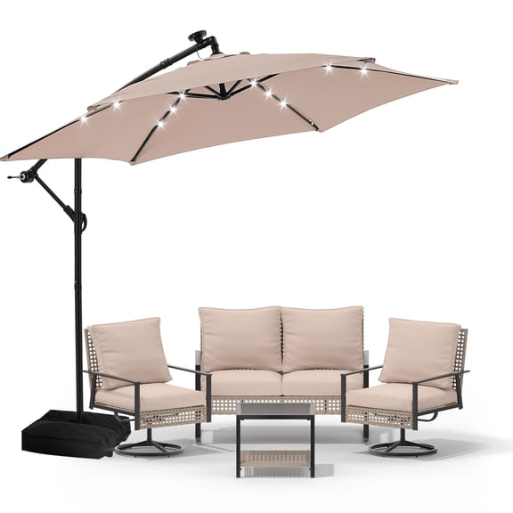 Autlaycil 6 pcs Patio Furniture Set, 10ft Cantilever Patio Umbrella with Lights and Base, Wicker Rattan Rocker Loveseat, Swivel Rocking Chairs, Coffee Table - Beige