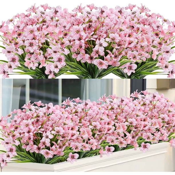 Rosa 8 piezas de flores artificiales plantas resistentes a los rayos UV al aire libre, 8 ramas de plástico falso aciano verde arbustos plantas interiores al aire libre