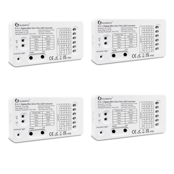 4X Zigbee 3.0 DC5-24V Mini 5 En 1 RGBCCT / RGBW / RGB / CCT / Dimmer Controlador de Tira de Luz LED para Retroiluminación de TV Iluminación de Cocina