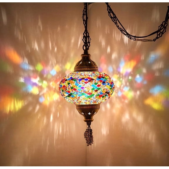 DEMMEX Plug-in Turkish Moroccan Mosaic Hanging Pendant Light Fixture, Tiffany-Style Ceiling Swag Lamp, Handcrafted Glass with 15 ft Cord & Chain, Multicolor