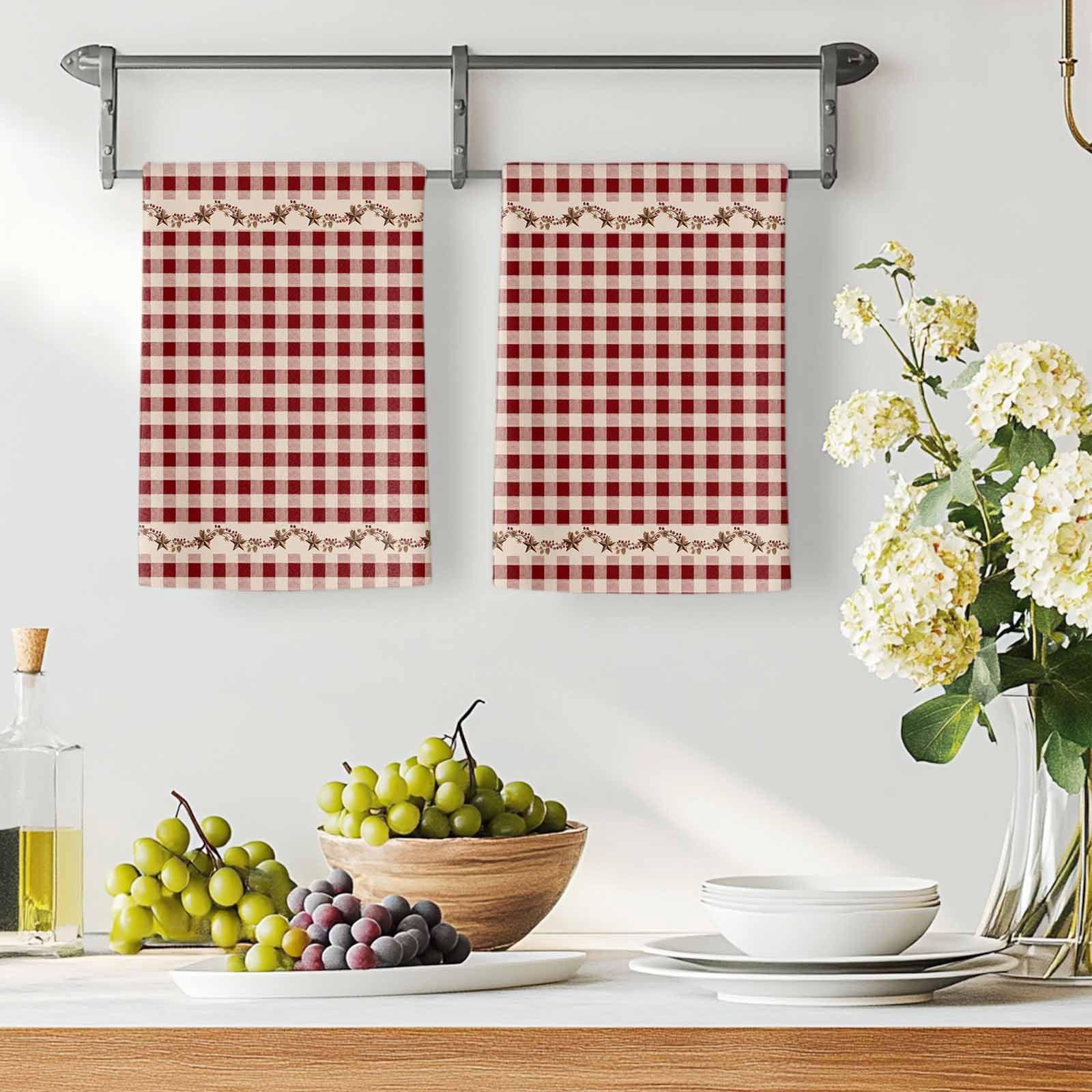 Dish Towels, Barn Stars Rustic Absorbent Kitchen Towels 2 PCS, Vintage Country Red Plaid Microfiber Hand Towels Dish Cloths Tea Towels for Home&nbsp;Bathroom Cleaning Drying,18X28-Inch,