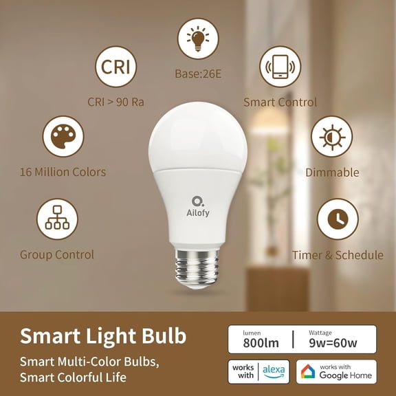 CHENGJIA LED Light Bulbs, Smart Light Bulbs that Compatible with Alexa & Google Assistant, Color Changing Light Bulb, WiFi Light Bulbs, A19 E26, 9W 800LM, 1800K-6500K Tunable White, 2 Pack