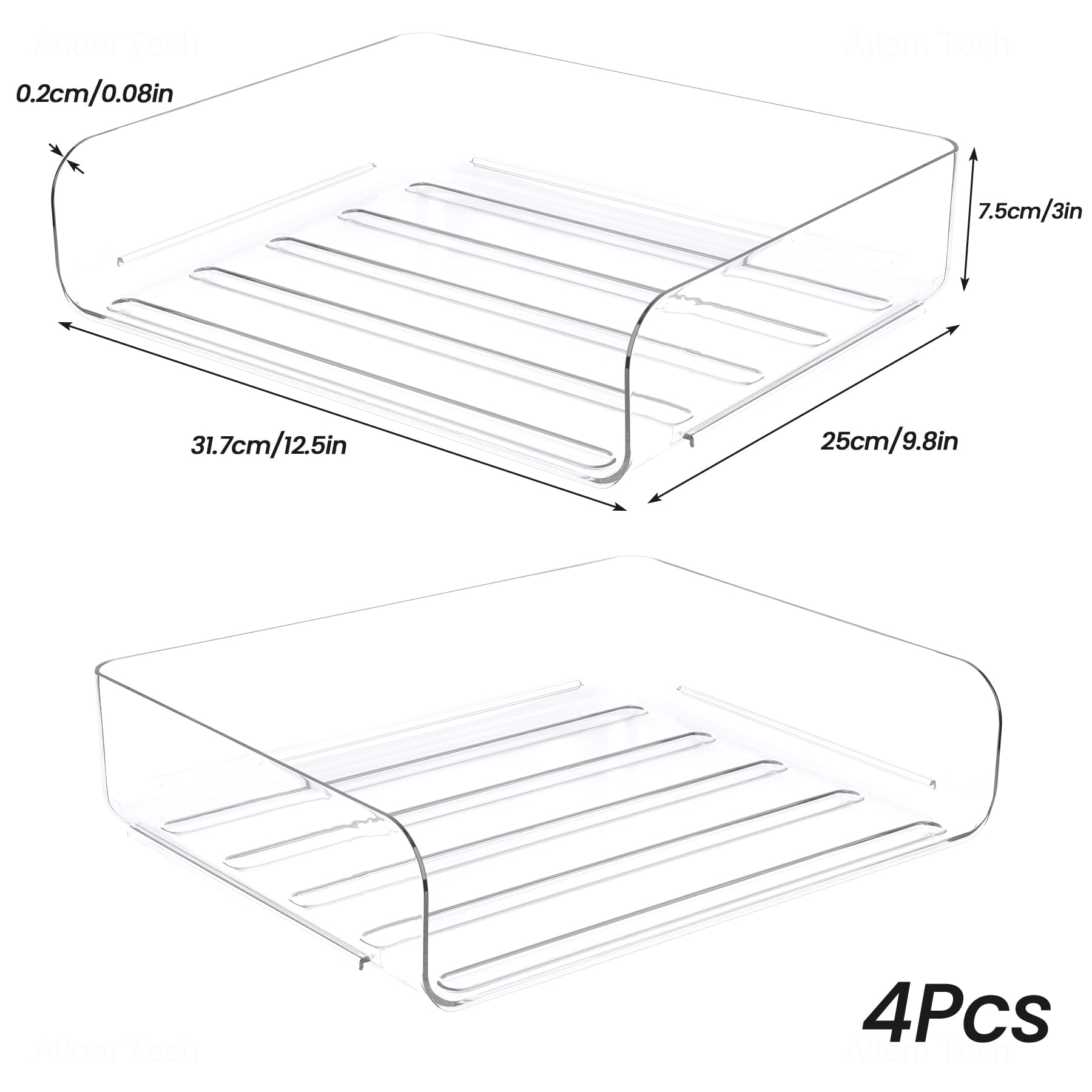 Tomorotec Desk Letter Tray Set, A4 Size Clear PET Stackable Document Organizer Office Desktop File Paper Holder Book Storage Rack Side Load Anti-Skid Stacking Support Convex Bottom (4X Landscape)