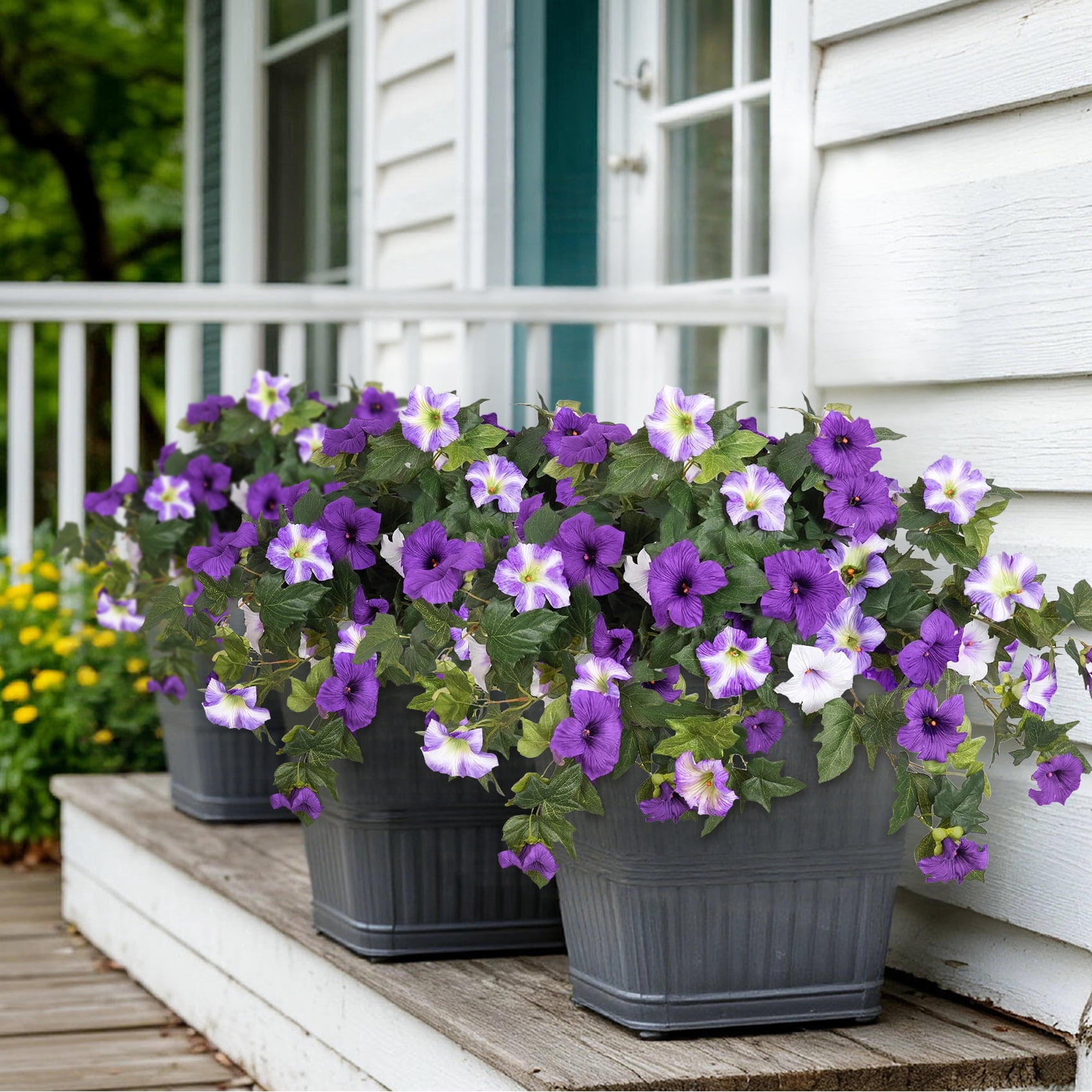 Scidweet Artificial Flowers for Outdoors, 2Pcs UV Resistant Faux Fake Petunias Silk Flower Plants for Home Garden Front Porch Indoor Decor, Purple White