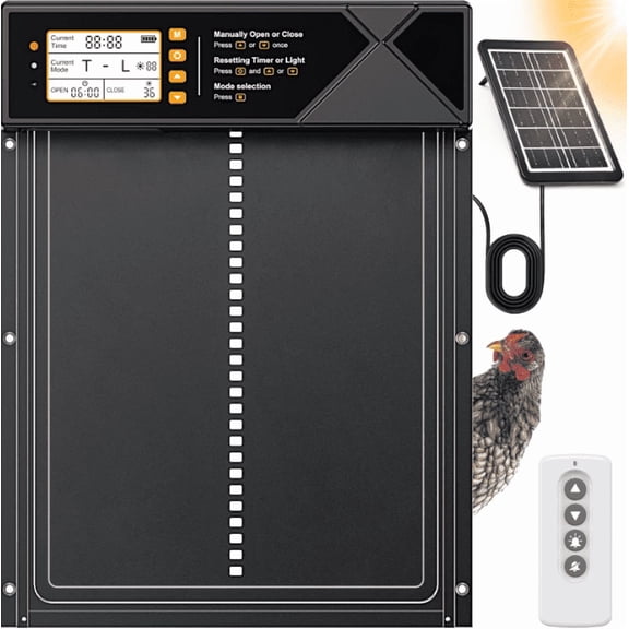 OneAmg Automatic Chicken Coop Door Solar Powered, Remote Control & Timer with LCD Display, Aluminum Alloy Weatherproof Self-Locking Door for Predator Protection
