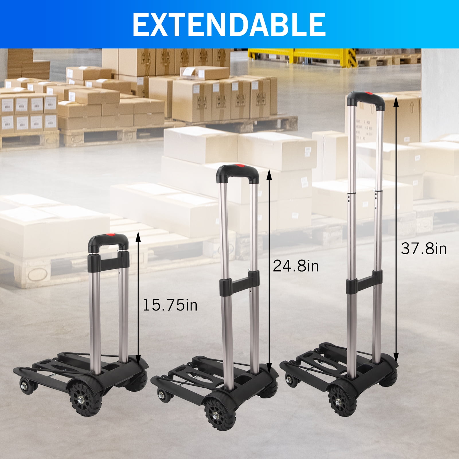 Folding Hand Truck, Lightweight Luggage Cart Foldable, Iron Tube Luggage  with 4 Rotate Wheels, Pull Rod,  for Moving Travel Shopping Airport Office