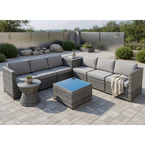 Topcobe 8 Pieces Wicker Sofa Rattan Dining Set Patio Furniture with Storage Table, Outdoor Patio Furniture for Garden Backyard-Gray
