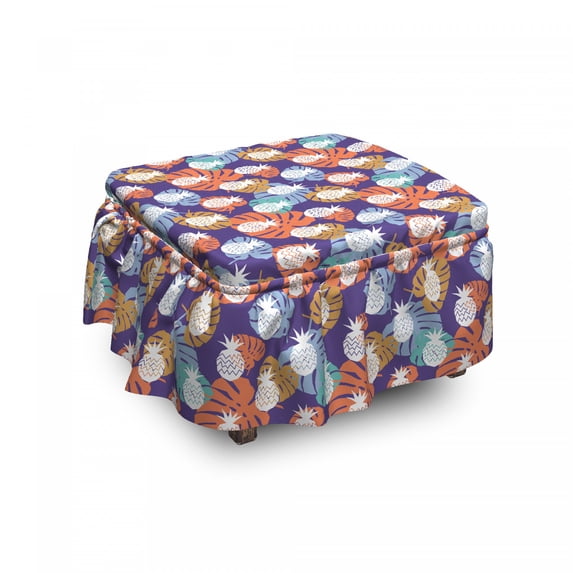 Tropical Ottoman Cover, Exotic Pineapples Leaves, 2 Piece Slipcover Set with Ruffle Skirt for Square Round Cube Footstool Decorative Home Accent, Standard Size, Dark Indigo Multicolor, by Ambesonne