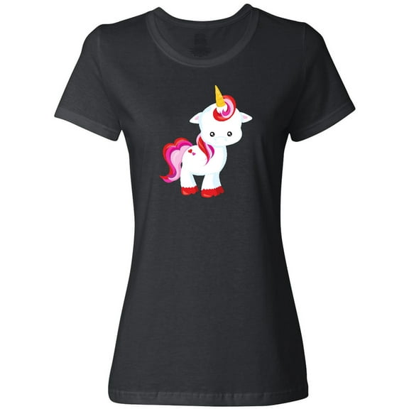 Inktastic Cute Little Unicorn With Red And Pink Mane, Hearts Women's T-Shirt
