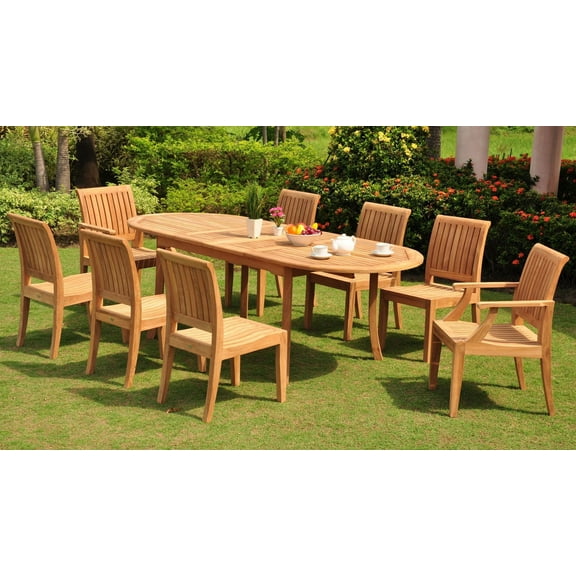 Teak Dining Set:8 Seater 9 Pc - 94" Double Extension Oval Table & 8 Lagos Chairs (6 Armless & 2 Arm / Captain) Outdoor Patio Grade-A Teak Wood WholesaleTeak #WMDSLG8