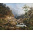 thumbnail image 2 of Pieter Francis Peters 14x12 Black Ornate Wood Framed Double Matted Museum Art Print Titled: Mountain River Landscape with Figure Staff (1843), 2 of 5