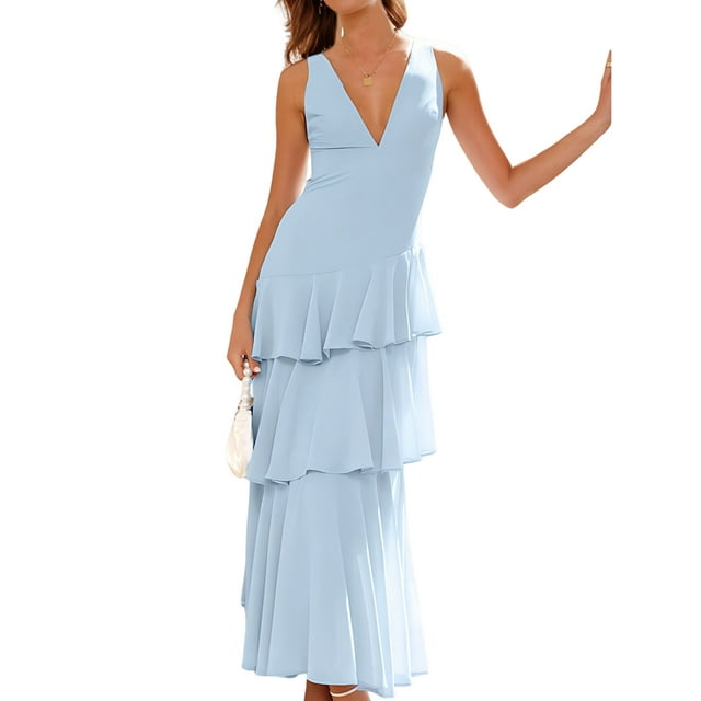 Robes de Demoiselle d'Honneur en Mousseline à Étages pour Femmes, Volants, Robes de Soirée Formelles Longues avec Plis, Bleu, P