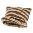 thumbnail image 1 of Gorro de invierno cálido y elástico con orejas de gato, tejido a rayas, color beige y marrón, 1 of 3