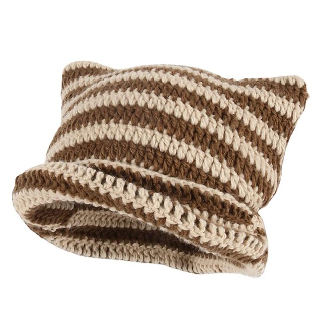 Gorro de invierno cálido y elástico con orejas de gato, tejido a rayas, color beige y marrón