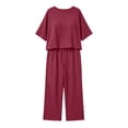 thumbnail image 4 of Cagogo Women's 2 Piece Set Casual Summer Vacation Outfits Loose Round Neck Short Sleeve Tops Wide Leg Pants Matching Lounge Sets Tracksuits Travel Airport Clothes Boho, Wine L, 4 of 6