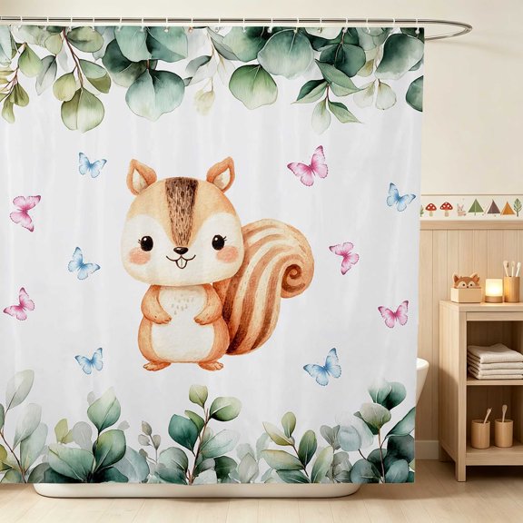 Erosebridal Squirrel Shower Curtain 72Wx72L for Boys Girls, Eucalyptus Leaves Waterproof Bathroom Curtain