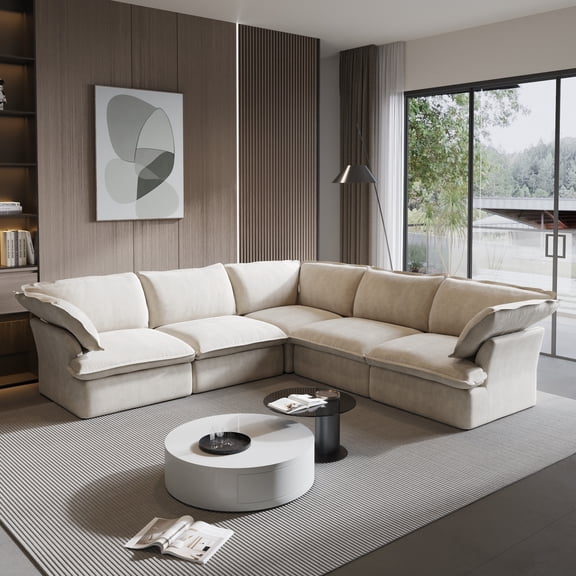 Sodrens Modular Sectional Sofa,Modern Corner Sofa Linen Fabric Couch Free Combination Sofa,5-Seat Sofa for Living Room,Beige