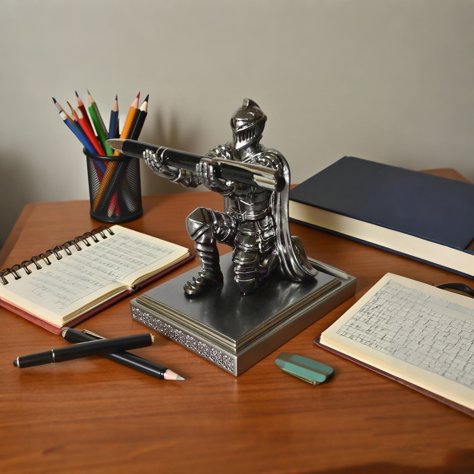 Soldier Knight Desk Organizer - Style Pen Holder & Phone Stand, Cool Office Accessory Gift for Men - Executive Home Office Decor -
