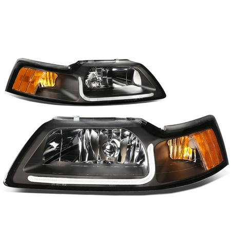 For 1999 to 2004 Ford Mustang LED Daytime Running Light Bar Headlight Black Housing Amber Corner Headlamp 00 01 02 03 Left+Right
