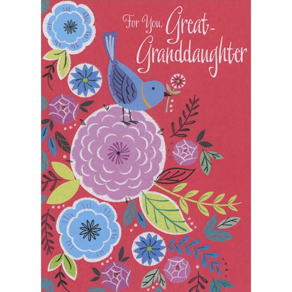 Designer Greetings Blue Bird Perched on Large Sparkling Purple Flower and Blue Flowers on Red Valentine's Day Card for Great-Grandaughter