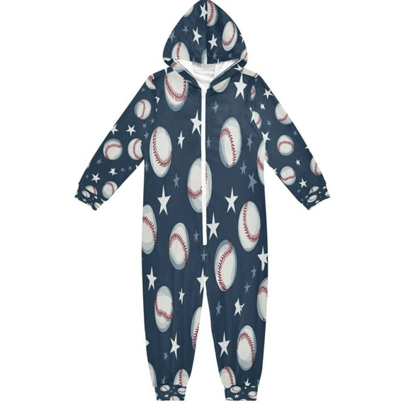 Soft Big Kids Onesie Pajamas Cozy Loose-Fit Jumpsuits for kids with Pockets for Christmas Lounge & Play Baseball Stars Pattern