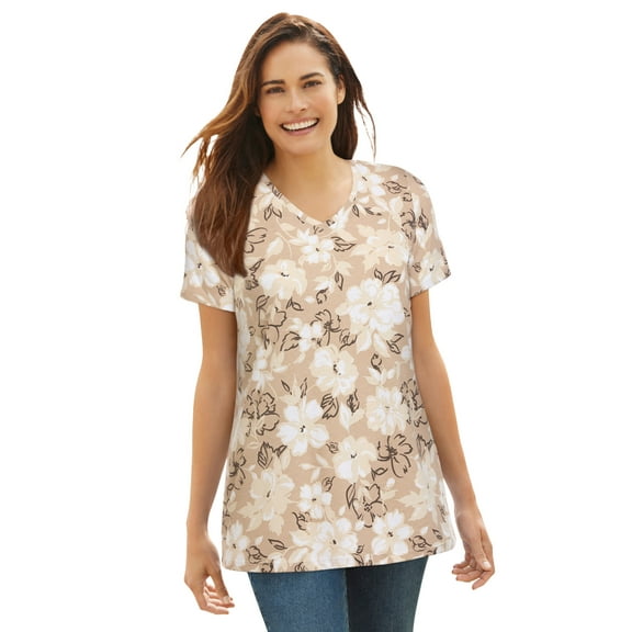 Woman Within Plus Size Perfect Printed Short-Sleeve V-Neck Tee