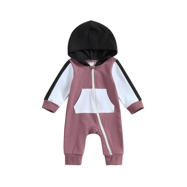 SUNSIOM Infant Baby Full Length Jumpsuit Contrast Color Hood Long Sleeve Romper with Zipper