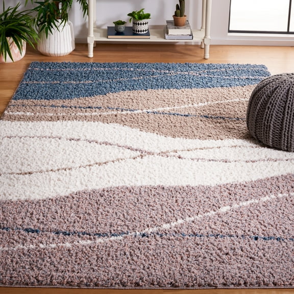 SAFAVIEH Calico Louella Abstract Polyester Shag Area Rug, Taupe/Blue, 5'3" x 7'6"