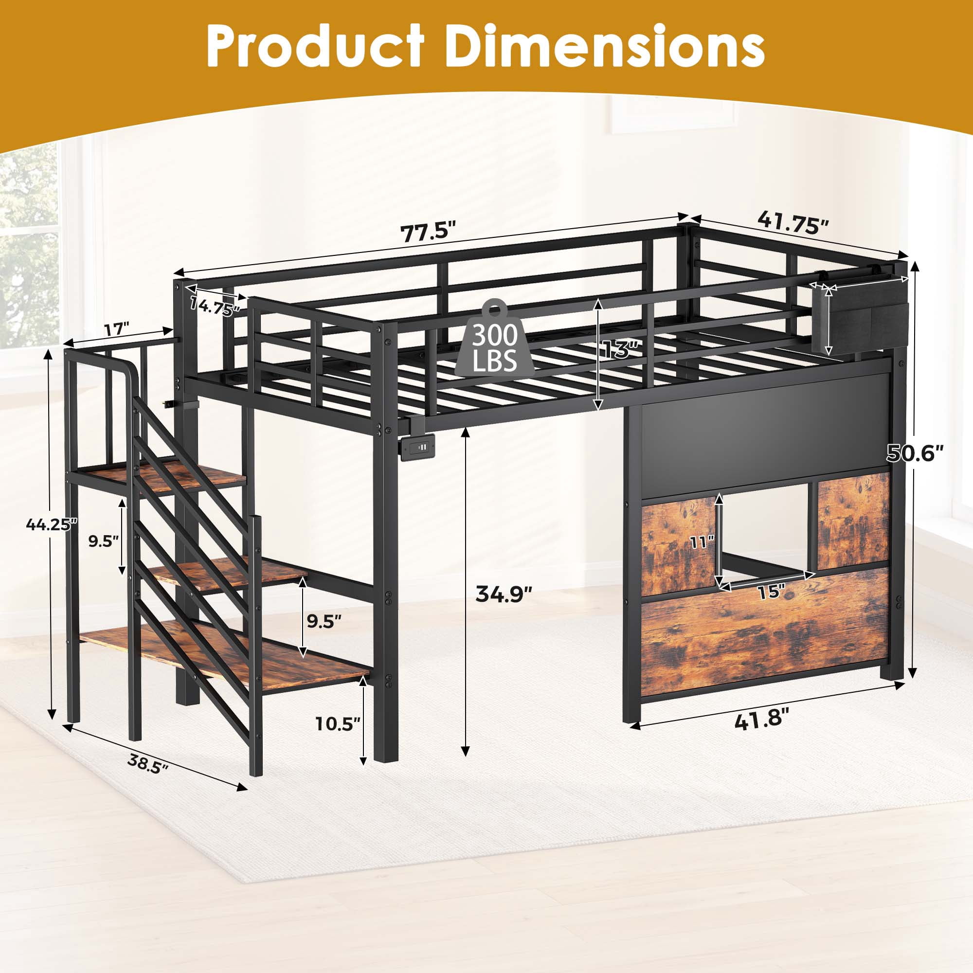 Miniyam Twin Size Metal Low Loft Bed with Storage Stairs and Blackboard,USB Charging, Black