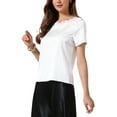 thumbnail image 4 of Summer Silk Satin Tops for Women Dressy Casual Short Sleeve Floral Lace Blouse Elegant Work Shirts M White, 4 of 6