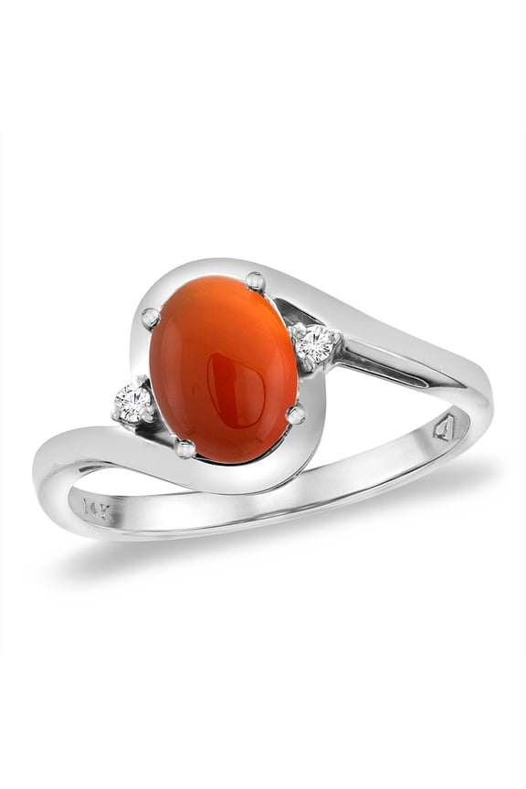 14K White Gold Diamond Natural Brown Agate Bypass Engagement Ring Oval 8x6 mm, size 5