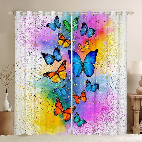 jejeloiu Colorful Butterflies Black Out Curtains,Wild Flying Animal Curtains Pack of 2 (42x63 Each),Watercolor Splashing Ink Bedroom Curtains For Girls Kids,Super Cozy Room Decor