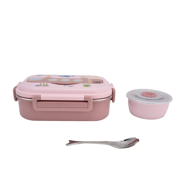 Boîte à Lunch Bento 3 en 1, 1200ml Boîte à Lunch Scellée Isolée, Boîte à Lunch en Acier Inoxydable Anti-Ak Dessin Animé, Conteneur de Stockage Alimentaire Isolé pour Enfants Adultes (Rose)