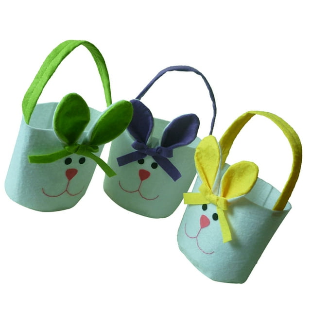 3pcs totalizador de conejo de regalo bolsa de pascua de conejito de fiesta hecha a mano decoración divertido para feliz de pascua Conjunto de 3 bolsas de regalo de telas no tejidas (amarillo, verde, morado) con asas, orejas y moños de conejo a juego; caras bordadas y tamaño aprox. 20 x 13 x 10 cm, aptas para huevos y dulces en celebraciones de Pascua.