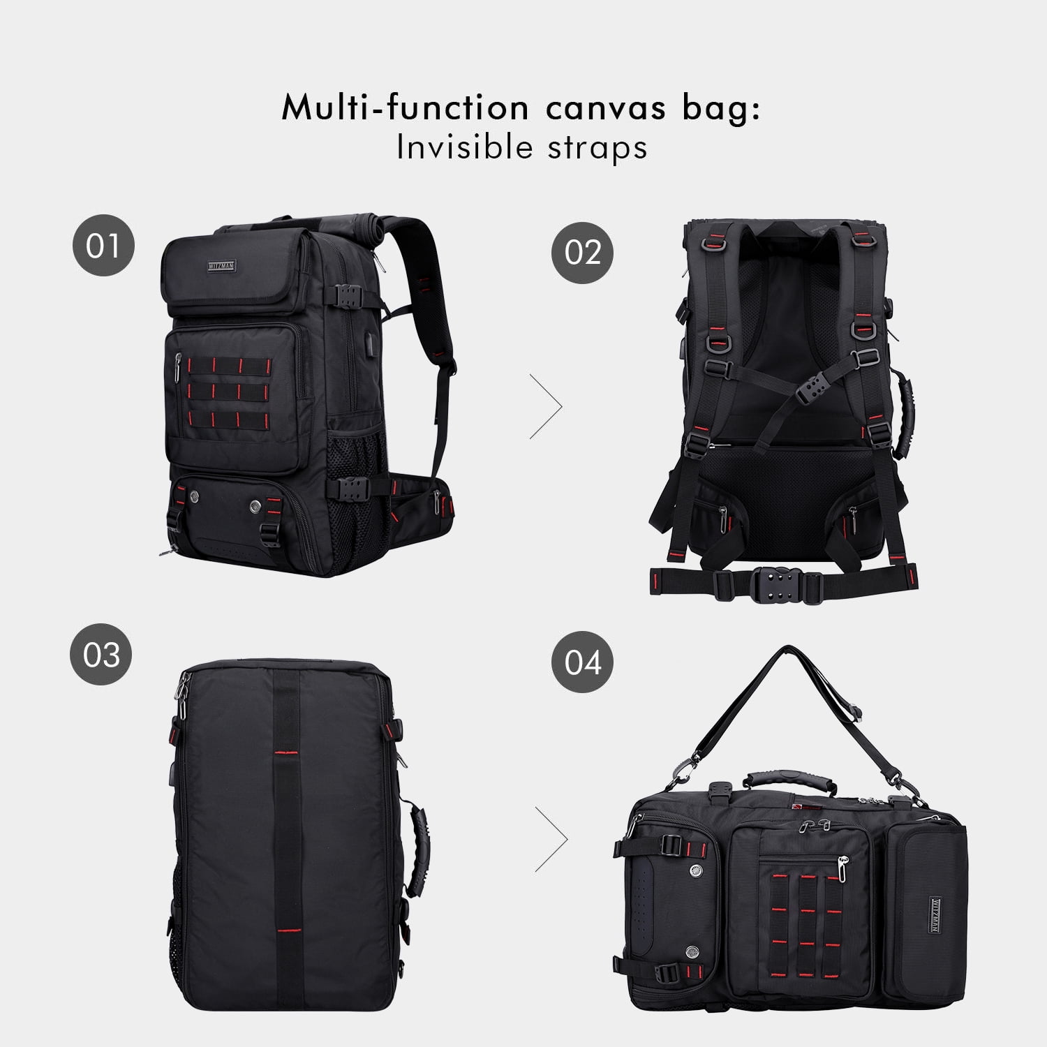 WITZMAN Carry on Travel Backpack for Men Airline Approved Convertible Nylon Duffle Backpack Luggage Bag(B682 Black)
