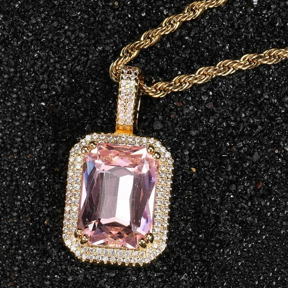 Square colored gemstone pendant necklace, micro inlaid zircon pendant 24inch * 3mm Fried Dough Twists chain