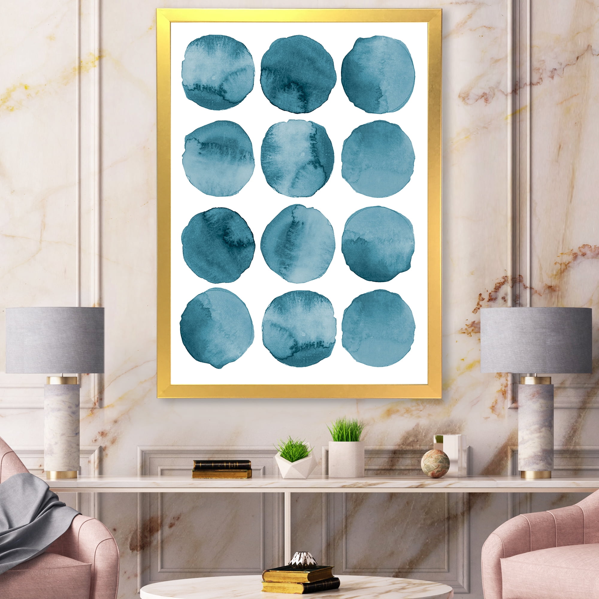Designart 'Blue Aquamarine Circles Geometric Elements' Modern Framed Art Print