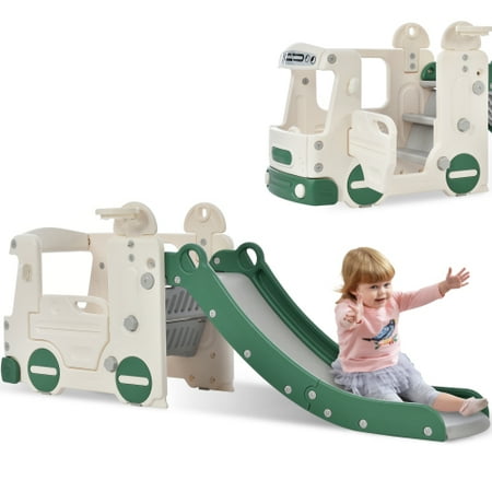 Kids Slide with Bus Play Structure Climber  Freestanding Bus Climber with Slide for Toddlers  Bus Climber Slide Set with Basketball Hoop