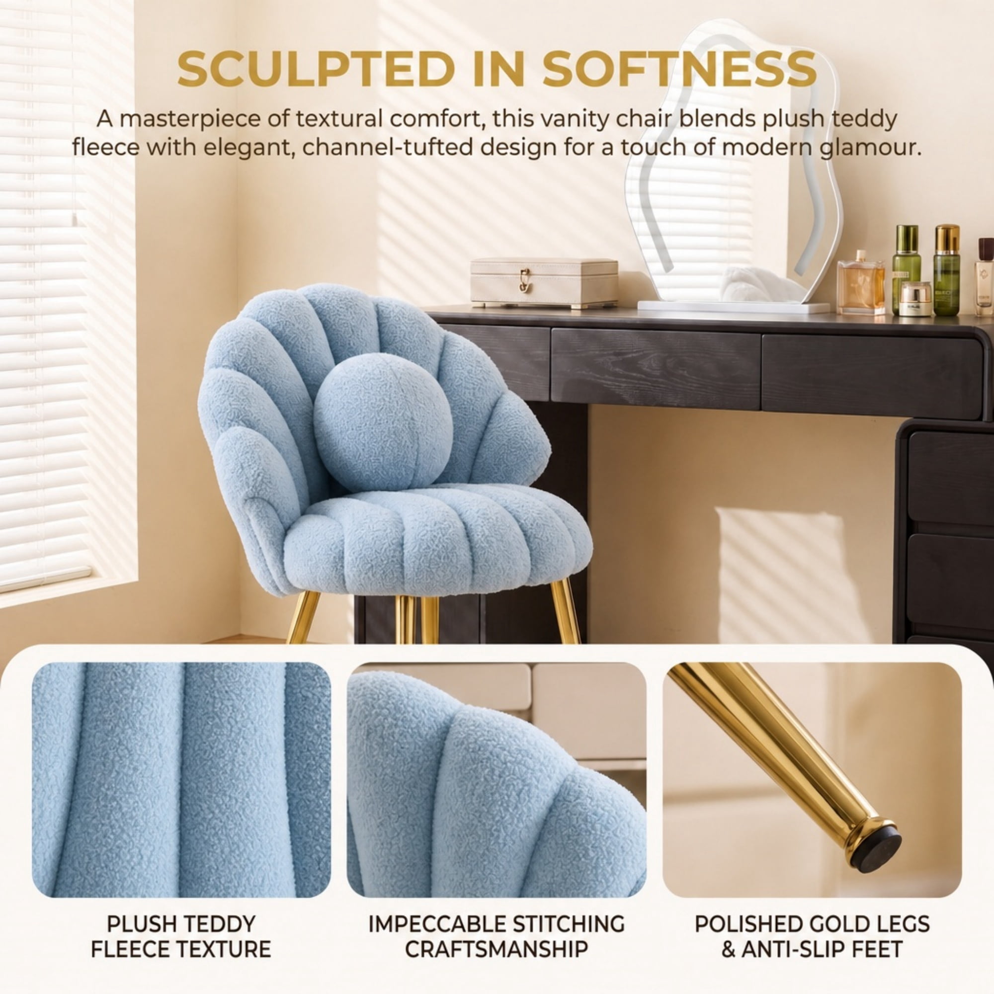 Ktaxon Vanity Makeup Chair with Teddy Velvet, Shell Design Accent Desk Chair with Lumbar Pillow and Gold Legs, Office Seating for Women Blue